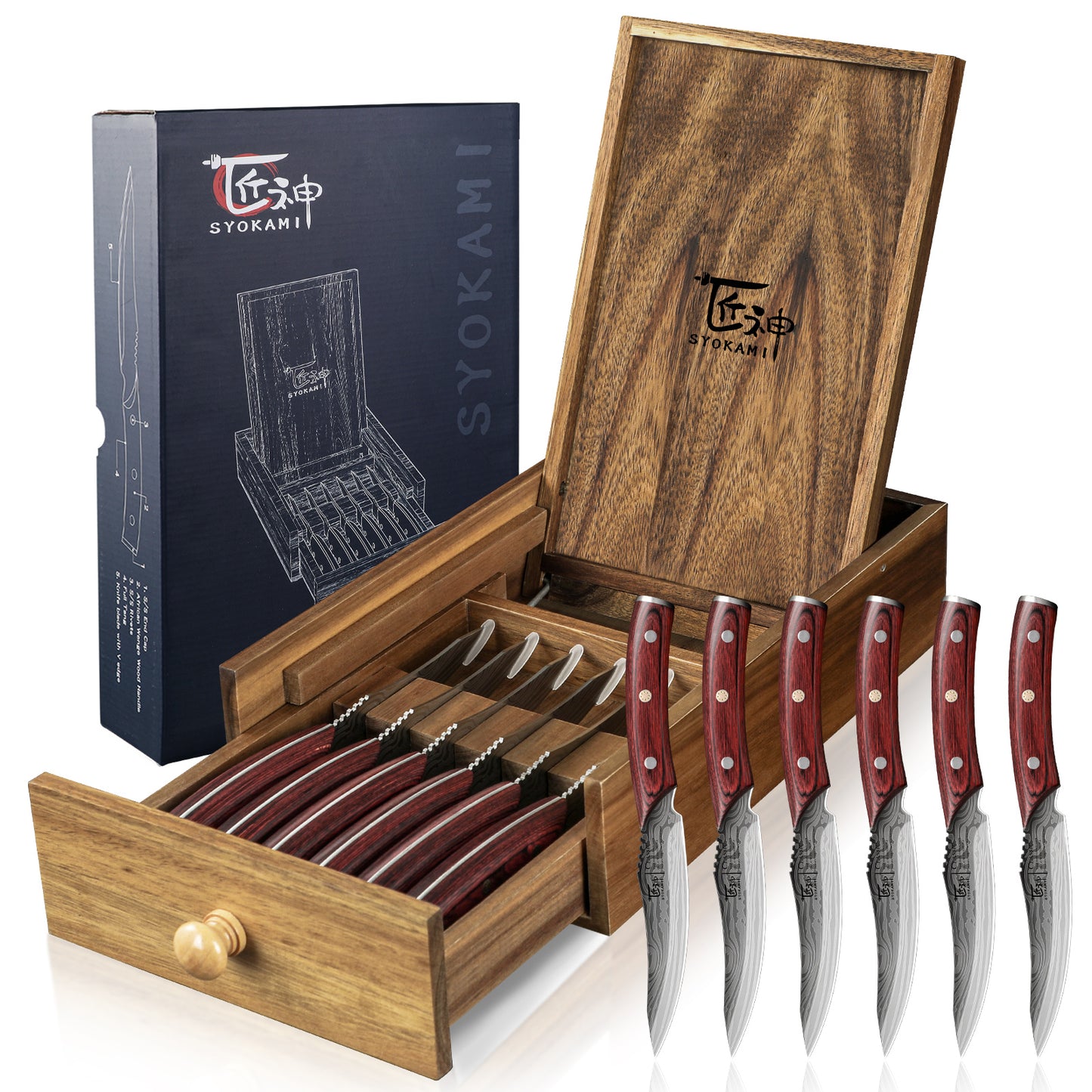 SYOKAMI Steak Knives Set of 6 with Drawer Organizer